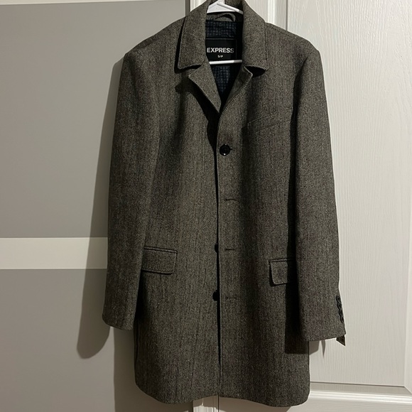 Express men’s wool long pea coat, size small, black, and brown herringbone - Picture 1 of 9